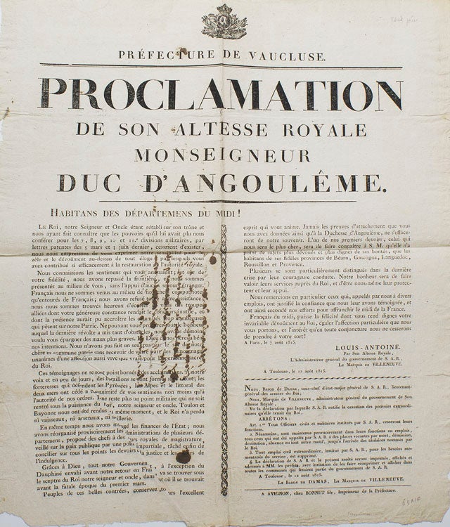 Prefecture de Vaucluse. Proclamation de Son Altesse Royale Monseigneur Duc d'Angoulême. Hatibans de Departemens du Midi