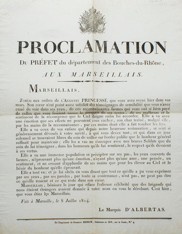 Proclamation du Préfet du département des Bouches-du Rhône aux Marseillais