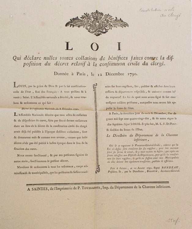 Loi qui declare nulles toutes collations de bénéfices faites contre la dispostion du décret relatif à la constitution civile du clergé. Donnée à Paris le 12 Decembre 1790
