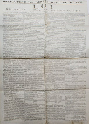 Item #28376 Prefecture du Département du Rhône. Loi Relative a l'Organisation des Cultes....
