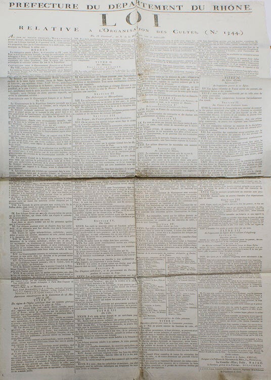 Prefecture du Département du Rhône. Loi Relative a l'Organisation des Cultes. (no. 1344) du 18 Germinal, an X