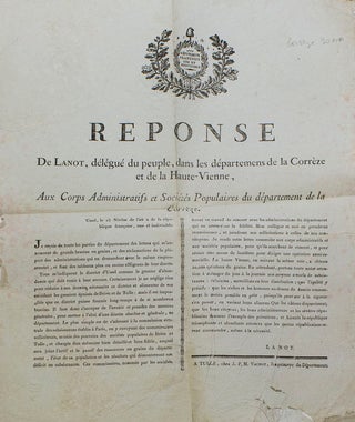Item #28379 Reponse de Lanot, délégué du peuple, dans les départements de la Corrèze et de...