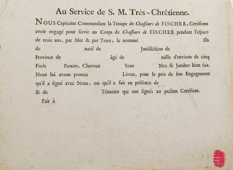 Enlistment papers in French and German to serve in "Au Service de S. M. Très-Chrêtienne." in the "Corps de Chasseurs de Fischer" for three years
