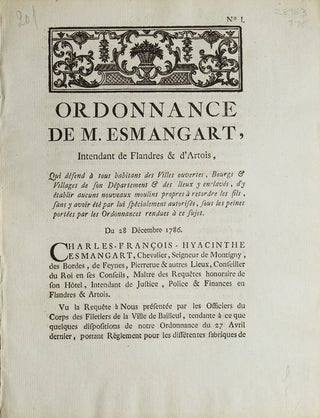 Item #28983 Ordonnance de M. Esmangart, Intendant de Flandres & d'Artois, qui défend à tous...