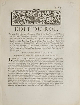 Item #28986 Edit du Roy, portant suppression des Charges de Contrôlers Généraux de la Maison...