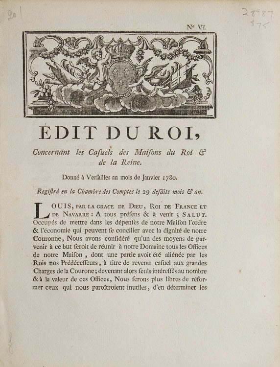 Edit du Roy concernant les Casuels des Maisons du Roy & de la Reine. Donné à Versailles au mois de Janvier 1780
