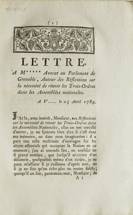 Item #28991 Lettre a M***** Avocat au Parlement de Grenoble, Auteur des Réflextions sur la...