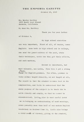 Item #29038 Typed letter signed “W. L. White”. William Lindsay White, American journalist and...