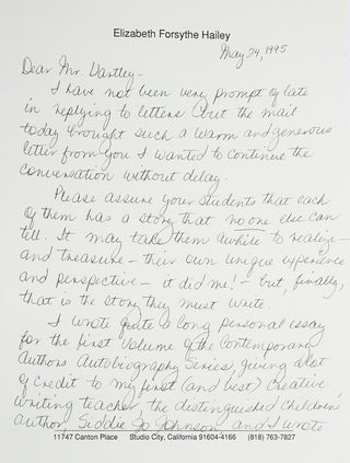 Item #29048 Autograph letter signed “Elizabeth Hailey”. Elizabeth Forsythe Hailey, American...