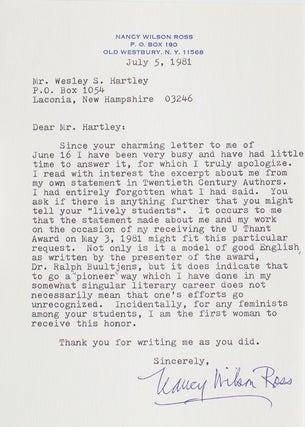 Item #29052 Typed letter signed “Nancy Wilson Ross”. Nancy Wilson Ross, American novelist