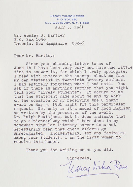 Typed letter signed “Nancy Wilson Ross”