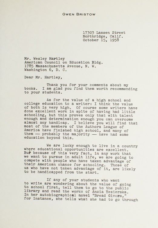 Typed letter signed “Gwen Bristow”