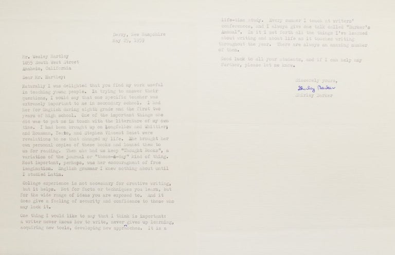 Item #29071 Typed letter signed “Shirley Barker”. Shirley Barker, American novelist.