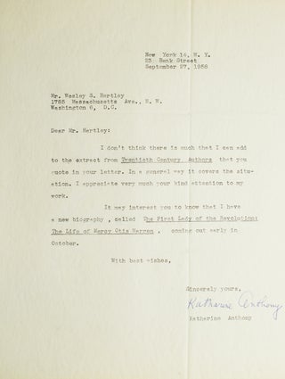 Item #29082 Typed letter signed “Katharine Anthony”. Katharine Anthony, American biographer
