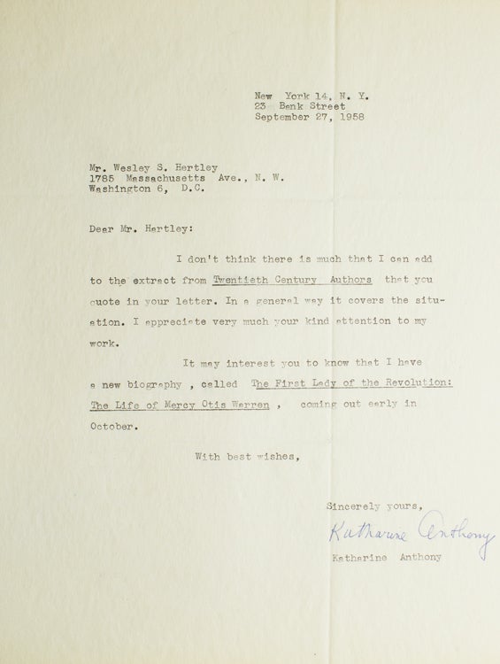 Item #29082 Typed letter signed “Katharine Anthony”. Katharine Anthony, American biographer.