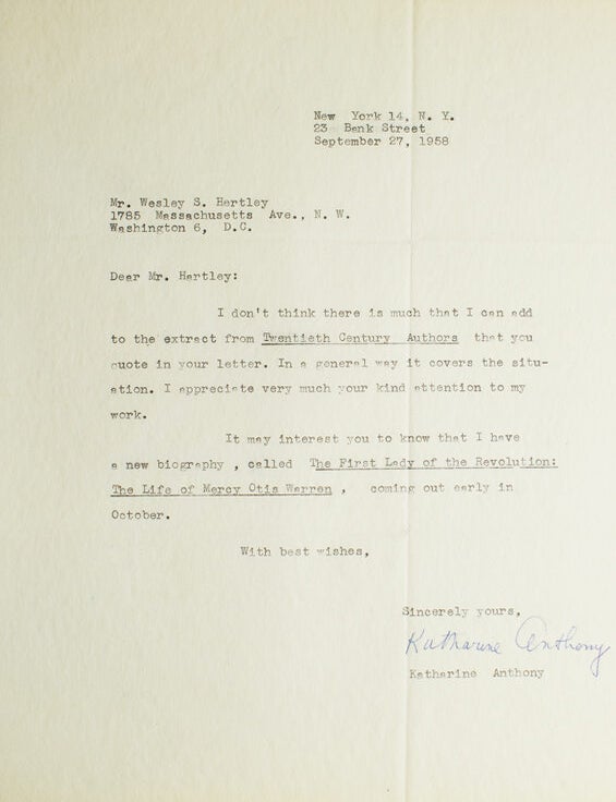 Typed letter signed &ldquo;Katharine Anthony&rdquo;