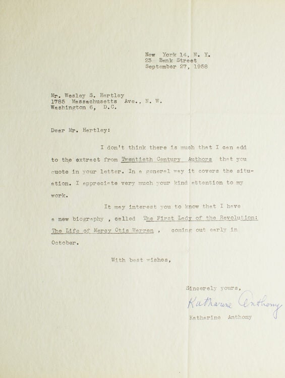 Typed letter signed “Katharine Anthony”