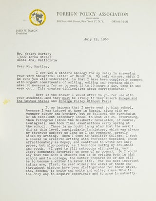 Item #29086 Typed letter signed “Vera Micheles Dean”. Vera Micheles Dean, American, writer on...