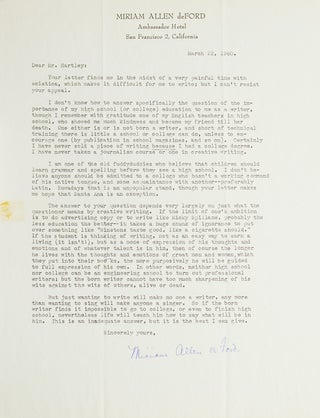 Item #29087 Typed letter signed “Miriam Allen de Ford”. Miriam Allen DeFord, American biographer