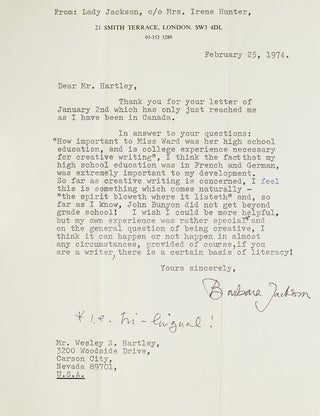 Item #29096 Two letters, one typed, the other autograph, signed “Barbara Ward Jackson” and...