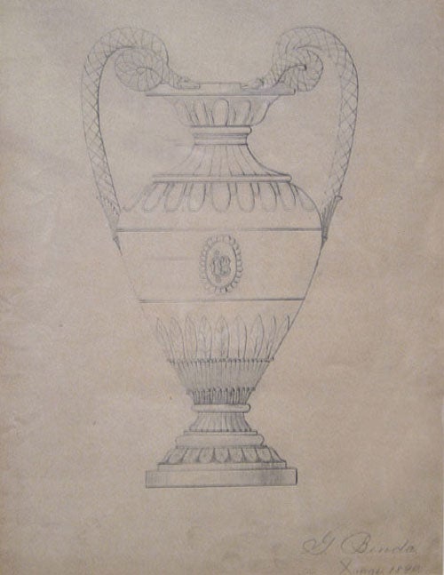 Original pencil design for ornamental vase. Signed “G. Benda / Xmas 1890” lower right