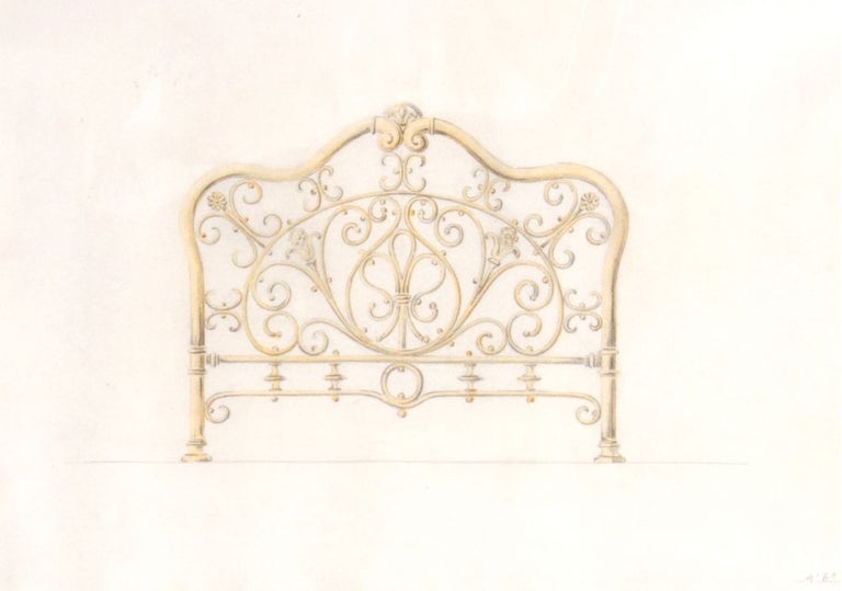 Original pencil and watercolor design for ornamental brass bedstead