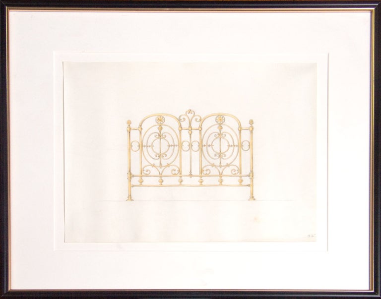 Original pencil and watercolor design for ornamental brass bedstead