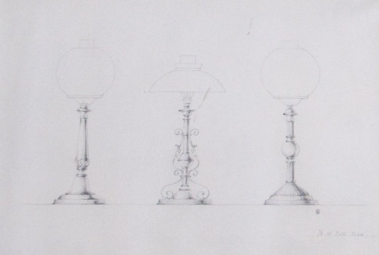 Original pencil design for three gas-lamp bases; signed with monogram “GB” and inscribed “1/3 of Full Size”