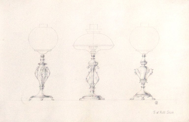 Original pencil design for three gas-lamp bases; signed with monogram “GB” and inscribed “1/3 of Full Size”
