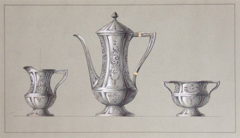 Item #29369 Original ink and colored wash design for three-piece silver tea service. George R. Benda.