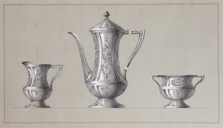 Original ink and colored wash design for three-piece silver tea service
