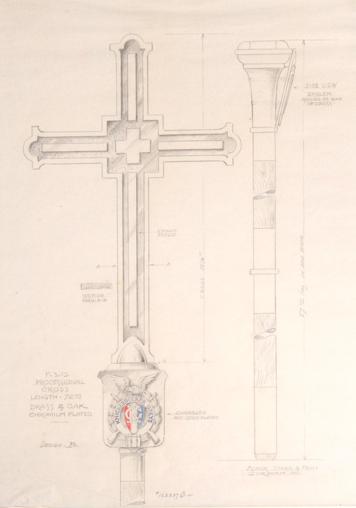 Original pencil and watercolor scale drawing for processional cross for The Knickerbocker Greys (with the logo coloured in red and blue). F.S.D. Processional Cross Length-72 ins Brasa & Oak Chromium Plated..,.Design B."