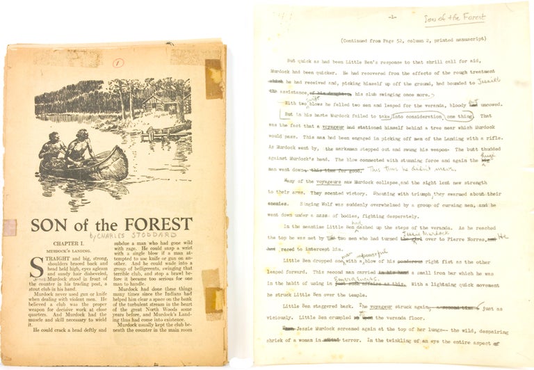 “Son of the Forest”: Original typescript of an expansion of a Johnston McCulley story as it appeared in Street & Smith's Western Story Magazine, with numerous pencil corrections, the original story excerpted from the magazine and marked to show insertions, which are on about 100 pages, total approximately 25,000 words, and expand the story to some 55,000 words, presumably for publication as a book