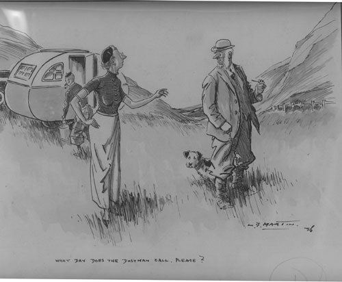 Item #29622 “What day does the dustman call, please?”: Original cartoon drawing, pen and wash on board, signed and dated lower right with caption in lower margin. Cartoon art, L. B. Martin.