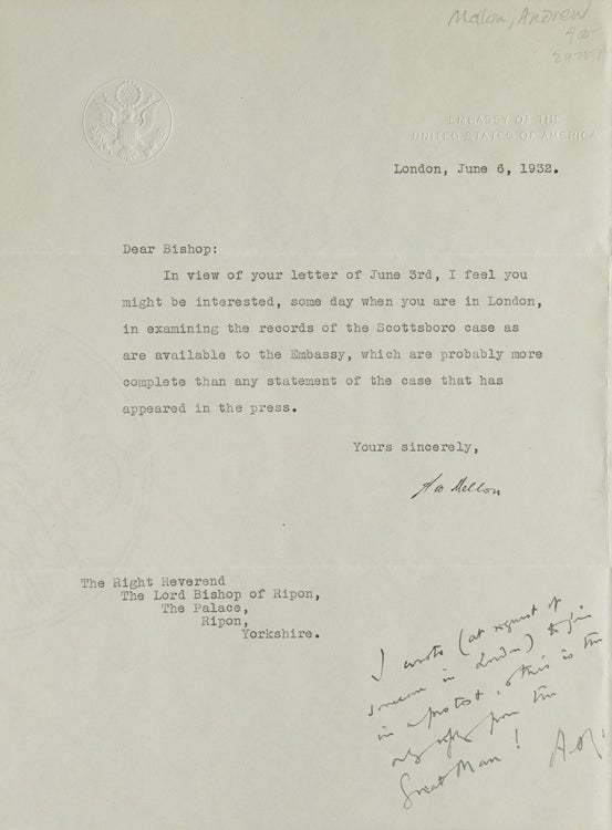 Item #29707 Typed letter signed “A. Mellon,” with autograph note in lower margin. Andrew Mellon.