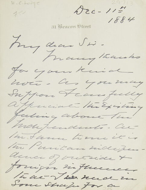 Item #29713 Autograph letter signed &ldquo;H. C. Lodge&rdquo;. Henry Cabot Lodge.