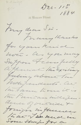 Item #29713 Autograph letter signed “H. C. Lodge”. Henry Cabot Lodge