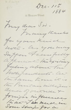 Item #29713 Autograph letter signed “H. C. Lodge”. Henry Cabot Lodge
