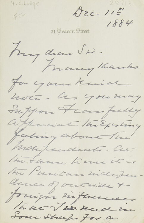 Item #29713 Autograph letter signed “H. C. Lodge”. Henry Cabot Lodge.