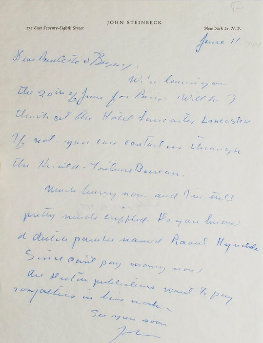 Autograph Letter Signed ("John") to Burgess Meredith and Paulette Goddard, regarding his plans to travel in Europe