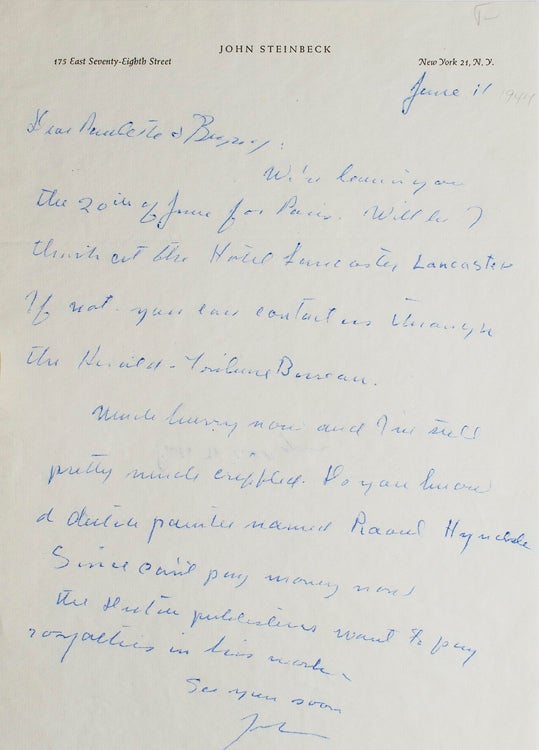 Autograph Letter Signed ("John") to Burgess Meredith and Paulette Goddard, regarding his plans to travel in Europe