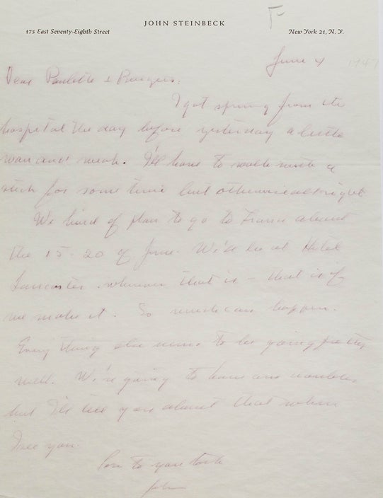 Autograph Letter Signed ("John") to Burgess Meredith and Paulette Goddard, regarding his departure for Europe, his discharge from the hospital, etc
