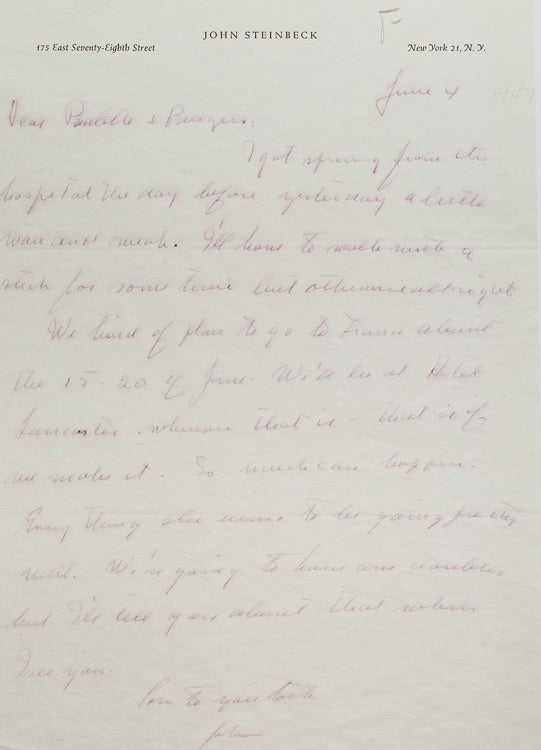 Autograph Letter Signed ("John") to Burgess Meredith and Paulette Goddard, regarding his departure for Europe, his discharge from the hospital, etc