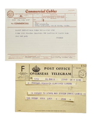 Item #29905 Telegram from Steinbeck in Paris to Burgess Meredith in London. John Steinbeck