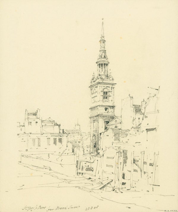 “St. Mary Le Bow / from Bread Street / 23-3-45”: Original pencil rendering of the blitzed London church and surrounding buildings, captioned and dated