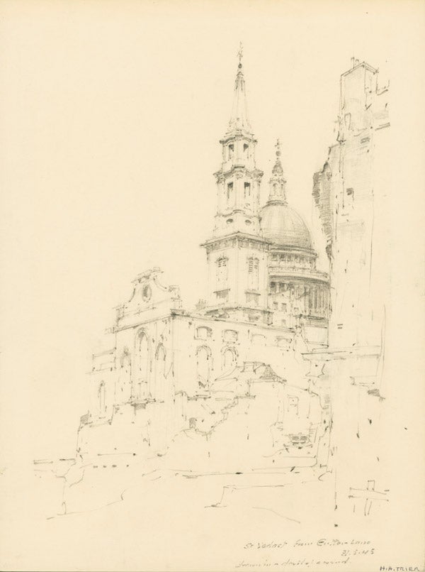 “St. Vedast / from Gutter Lane / 31-5-45 / Drawn in a devil of a wind”: Original pencil rendering of this blitzed London church and surrounding buildings, including St. Paul's in the background, captioned and dated
