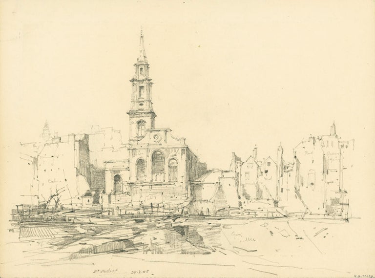 “St. Vedast / 24-3-45”: Original pencil rendering of the blitzed London church and surrounding buildings, captioned and dated