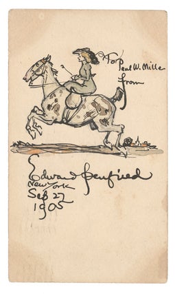 Item #300016 Watercolor of Lady on a horse on the back of a postcard sent to Paul W. Miller....