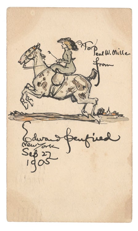 Item #300016 Watercolor of Lady on a horse on the back of a postcard sent to Paul W. Miller. Edward Penfield.