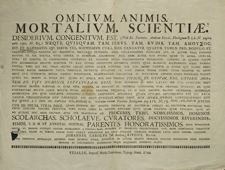 Item #300071 Omnium Animis Mortalium Scientiae [drop title]. Johannes Carolus Ritzius.